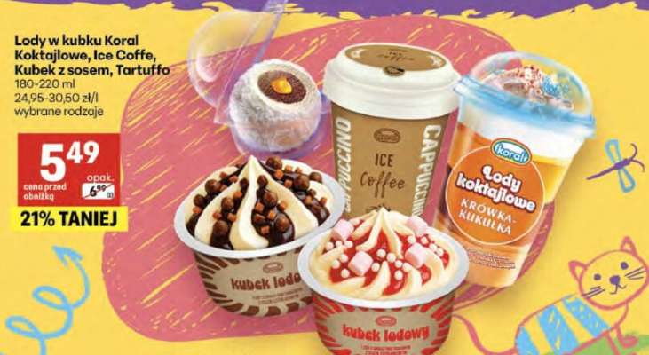 Lody w kubku Koral Koktajlowe, Ice Coffe, Kubek z sosem, Tartuffo