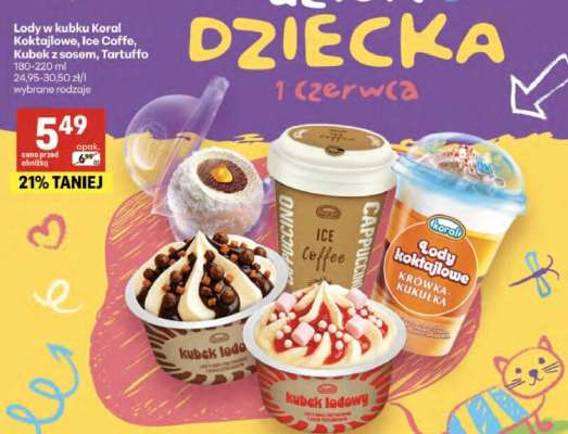 Lody w kubku Koral Koktajlowe, Ice Coffe, Kubek z sosem, Tartufo