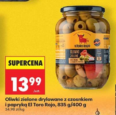 Oliwki zielone drylowane z czosnkiem i papryką El Toro Rojo, 835 g/400 g