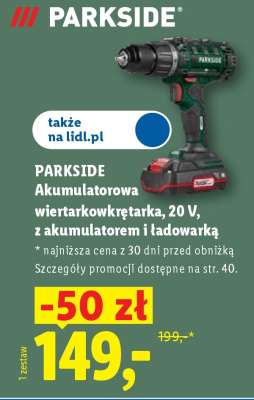 PARKSIDE Akumulatorowa wiertarkowkrętarka, 20 V, z akumulatorem i ładowarką