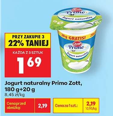 Jogurt naturalny Primo Zott , 180 g + 20 g