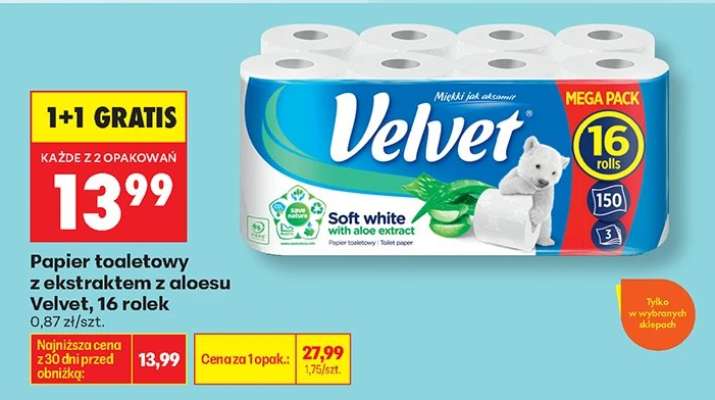 Papier toaletowy z ekstraktem z aloesu Velvet, 16 rolek