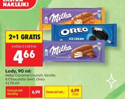 Lody, 90 ml: Milka Caramel Crunch, Vanilla & Chocolate Swirl, Oreo