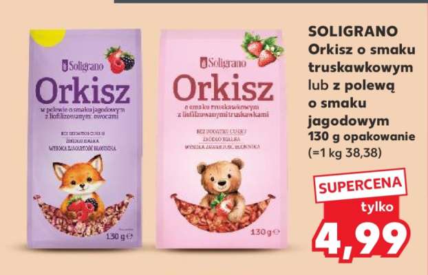 SOLIGRANO Orkisz o smaku truskawkowym lub z polewą o smaku jagodowym