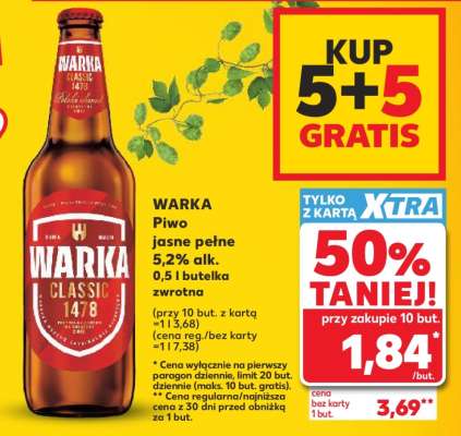 WARKA Piwo jasne pełne 5,2% alk. 0,5 l butelka zwrotna