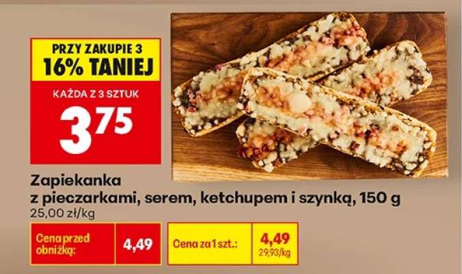 Zapiekanka z pieczarkami , serem ketchupem i szynką , 150 g