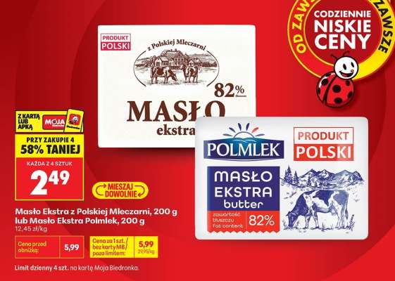 Masło Ekstra z Polskiej Mleczarni, 200 g lub Masło Ekstra Polmlek, 200 g