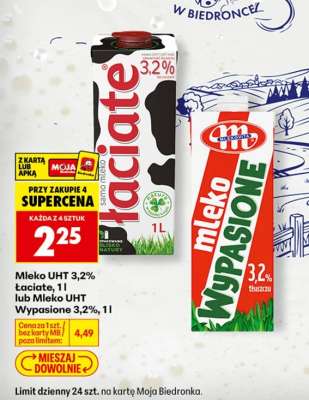 Mleko UHT 3,2% łaciate, 1l lub Mleko UHT Wypasione 3,2%, 1l