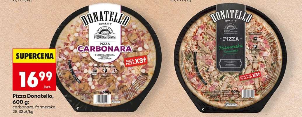 Pizza Donatello, 600 g: carbonara, farmerska