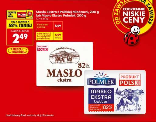 Masło Ekstra z Polskiej Mleczarni, 200 g lub Masło Ekstra Polmlek, 200 g